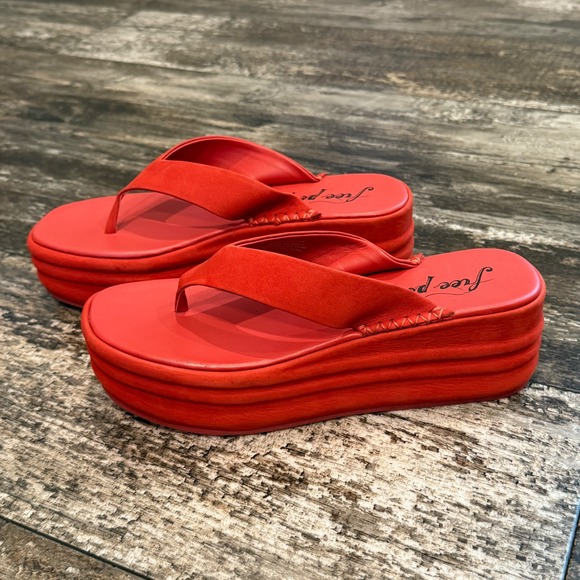 Free People‎ Red Suede Platform Thong Sandals Beachy Summer Shoes Size 38 NEW - Picture 13 of 15